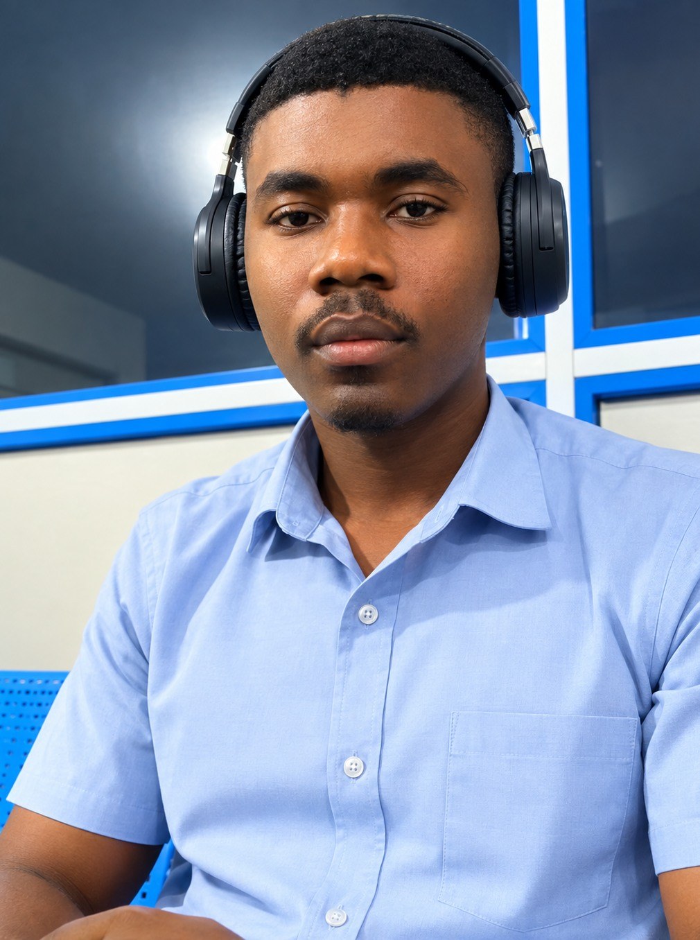 Fortune Johnson at his workstation, wearing headphones around his neck