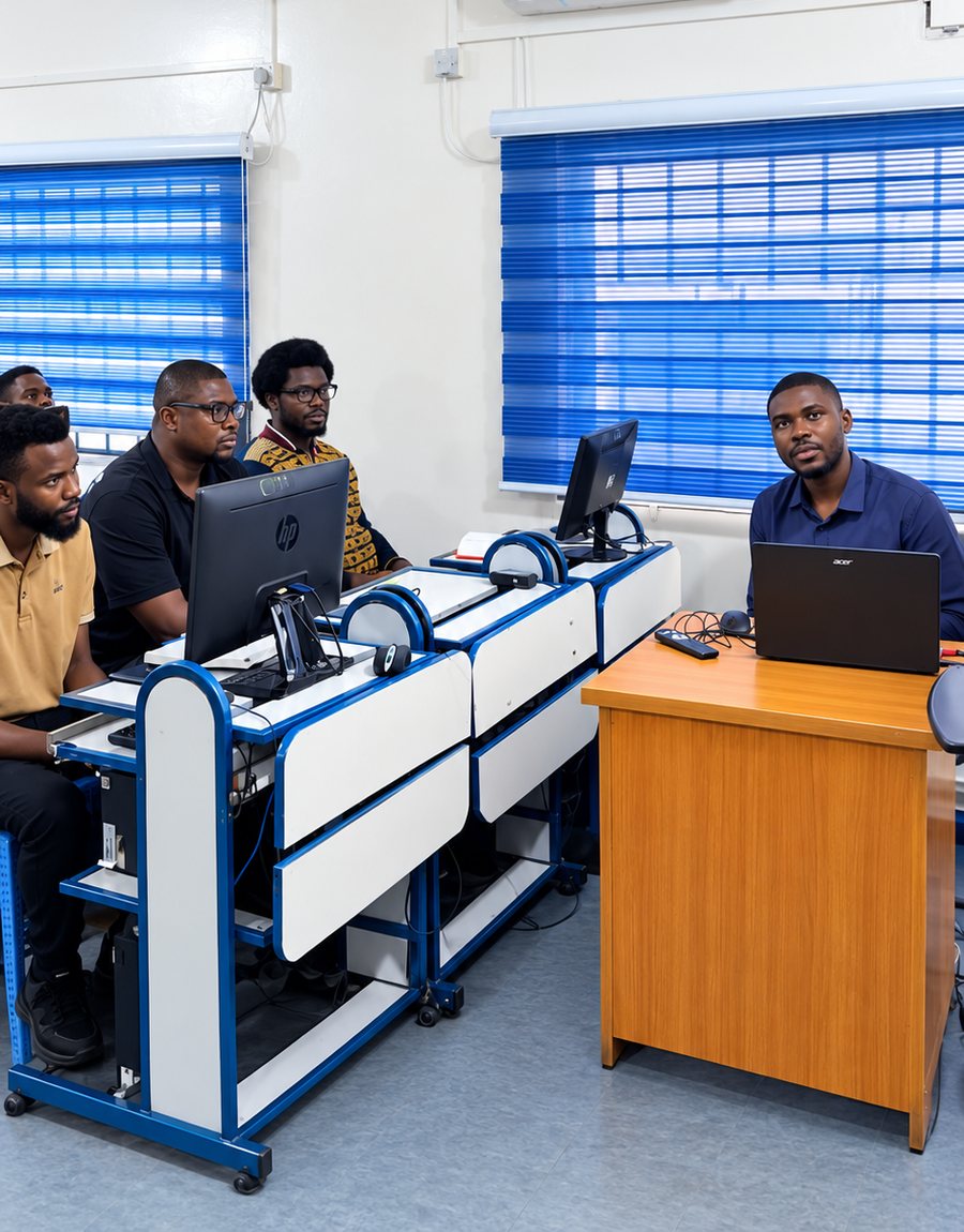 Fortune Johnson at the front of a computer lab while students work at desktop machines